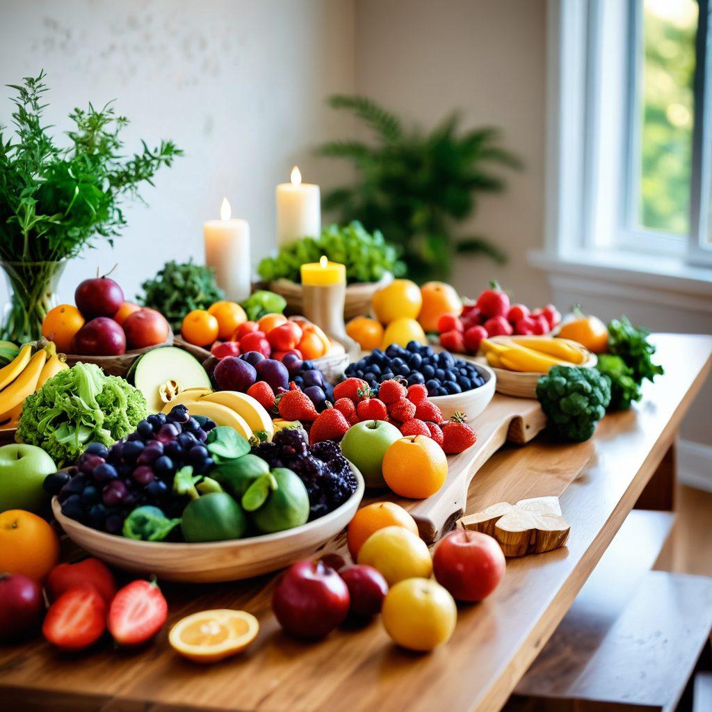 A serene and inviting wellness space featuring a harmonious blend of fresh, vibrant fruits and vegetables on a wooden table, symbolizing nutritional support. In the background, a tranquil setting with soft lighting, a meditative figure practicing mindfulness, embodying emotional healing. Include gentle elements like candles and healing crystals to enhance the ambiance. The overall tone should evoke hope and balance. super-realistic. vibrant colors. soft focus.