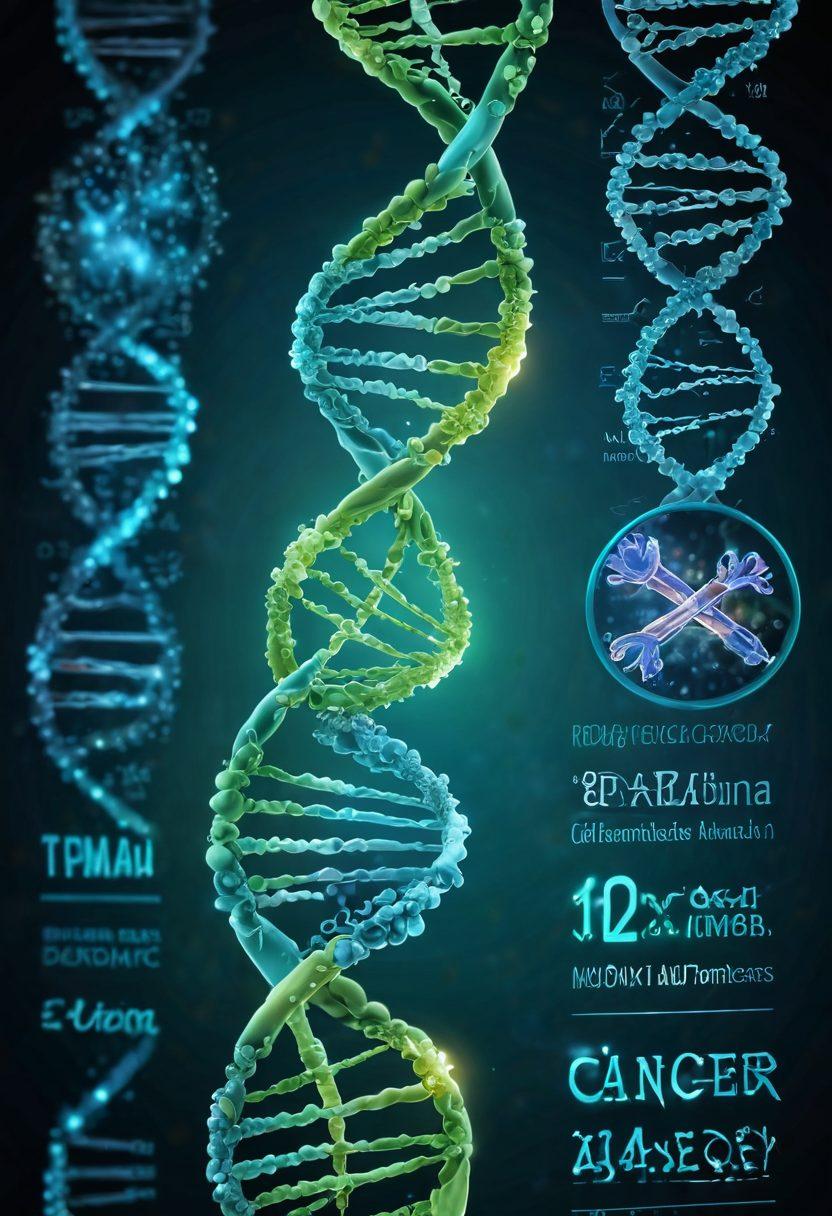 A dynamic representation of breakthrough cancer treatments featuring a glowing DNA double helix intertwined with vibrant medical images, like a microscope, cancer cells under analysis, and a digital interface displaying innovative drug formulas. The background should evoke a sense of hope and progress with soft blue and green tones. super-realistic. vibrant colors. 3D.
